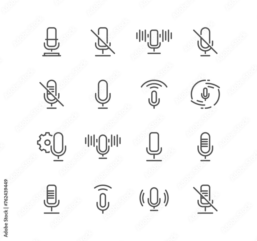 Set of microphone related icons, audio, music, sound wave, vocal, radio and linear variety vectors.
