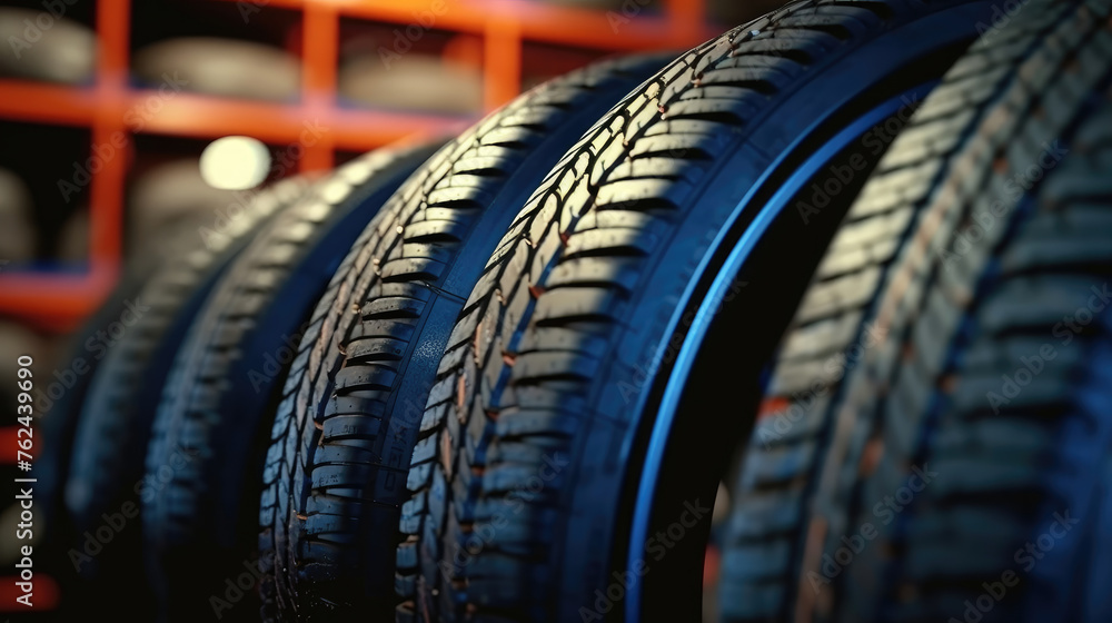 Fototapeta premium Tire Shop Interior, Auto Repair Service Center with Tires on Display