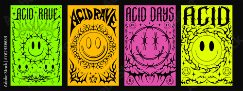Set Of Neo Tribal Acid Rave Posters. Cyber Sigilism Tattoo Shape Placards. Cool Metal Album Covers.