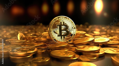 Digital Currency Concept, 3D Styled Bitcoin and Coin Stack Background