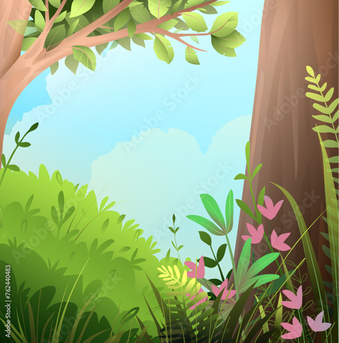 Spring or summer landscape scene, big tree and flowers on green grass lawn. Happy sunny summer fairy tale park cartoon. Vector forest nature background illustration in watercolor style.