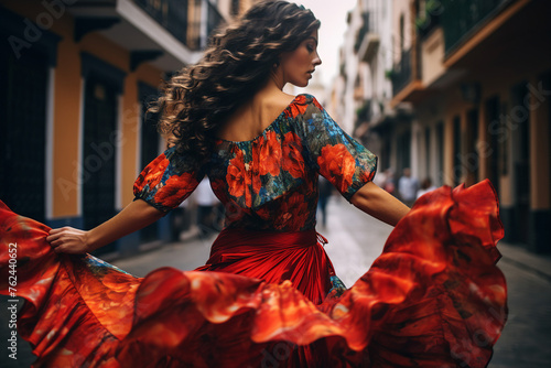 Beautiful woman in a colorful costume dancing at Brazil parade festival generative AI