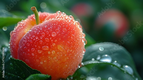 A closeup of a ripe peach, its velvety skin adorned with glistening dew drops. AI generate illustration
