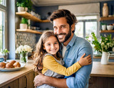 father and daughter hug in kitchen in lover bonding together in home family smile and happiness