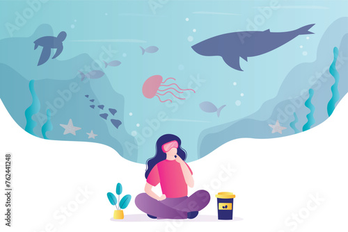 Virtual or augmented reality concept. Woman with AR glasses. Female character uses vr headset technology and explores the underwater world. Entertainment and visual experience.