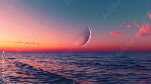 Abstract background of amazing crescent moon over the sea at sunset