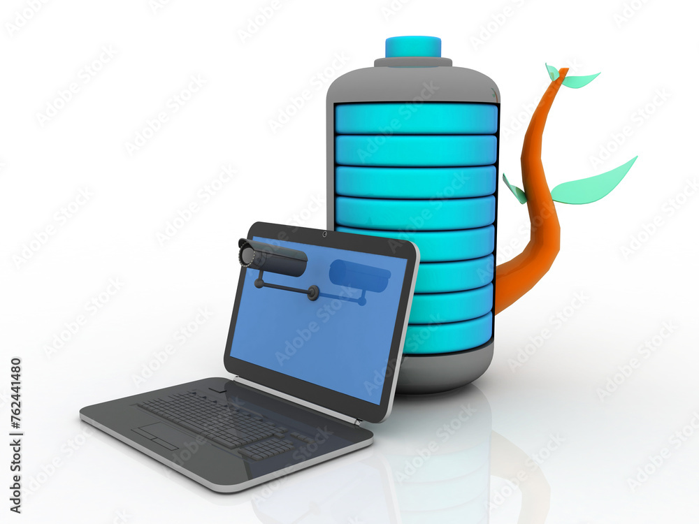 3d rendering Surveillance CCTV Security Camera connected laptop near green energy battery 3d rendering Surveillance CCTV Security Camera connected laptop near green energy battery