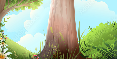 Empty fairytale forest scenery background with big tree trunk in the middle. Magical tree in the woods jungle. Nature wallpaper for children. Vector hand drawn illustrated nature in watercolor style.