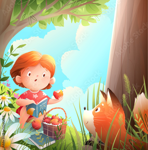 Cute little girl reading books on picnic blanket under the tree meets an animal friend fox. Summer or spring cartoon fairytale about animal and child. Landscape vector illustration for kids story.