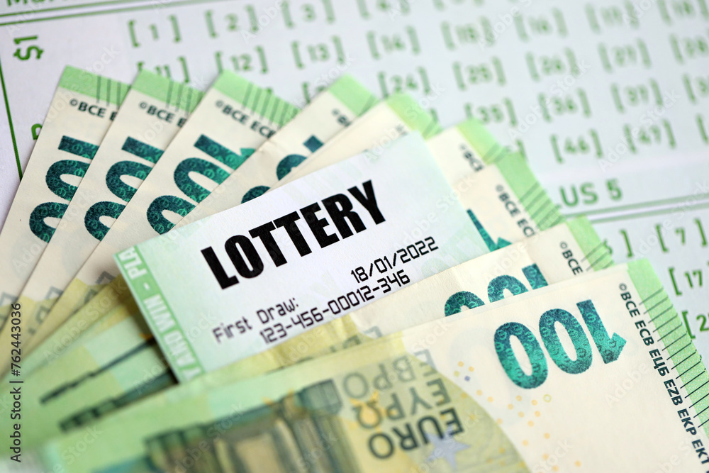 Green lottery tickets and euro money bills on blank with numbers for playing lottery close up Green lottery tickets and euro money bills on blank with numbers for playing lottery close up