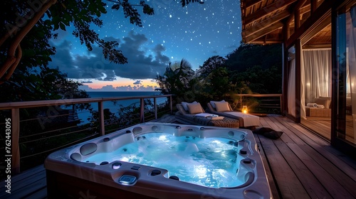 captivating image depicts a private jacuzzi set against the backdrop of a starry night sky. The wooden deck offers a sublime vantage point