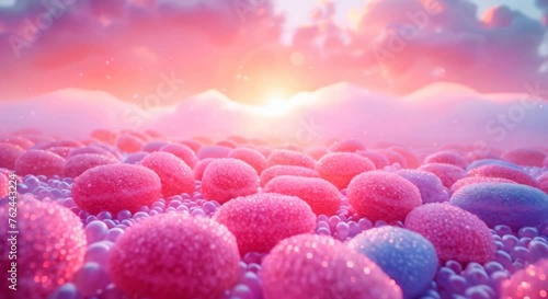 Fog of cotton candy mist rolling over hills of jelly beans photo