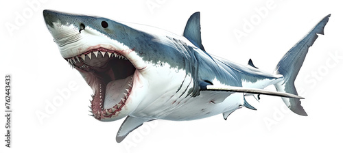 White shark big open mouth isolated on white background photo