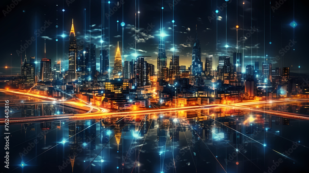Futuristic cityscape skyscrapers illuminated by digital technology and neon lights Futuristic cityscape skyscrapers illuminated by digital technology and neon lights