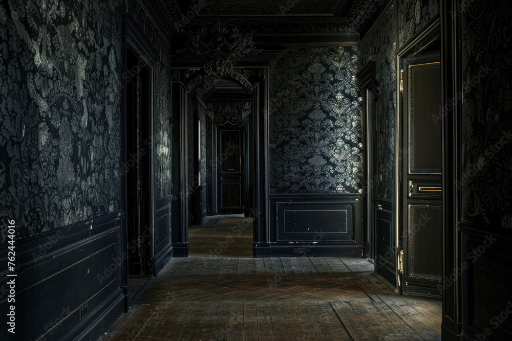 Dark interior room with baroque wallpaper.