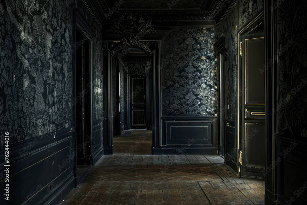 Dark interior room with baroque wallpaper. Dark interior room with baroque wallpaper.