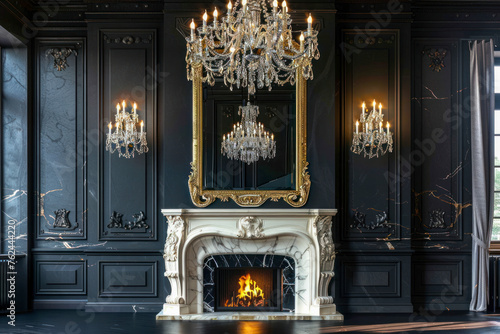 Decorative fireplace, vintage mirror and chandelier in classical black room interior.