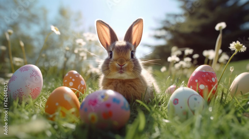 Sunny Spring Day, Close-Up of Easter Bunny with Colorful Eggs in Grass