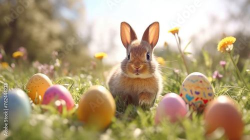 Sunny Spring Day, Close-Up of Easter Bunny with Colorful Eggs in Grass