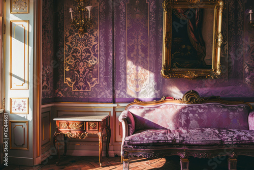 Retro vintage room with pattern in rococo style. Interior wallpaper. Rich Classic royal old home.