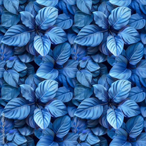 Seamless pattern of blue leaves on a dark background  suitable for fabric or wallpaper design.