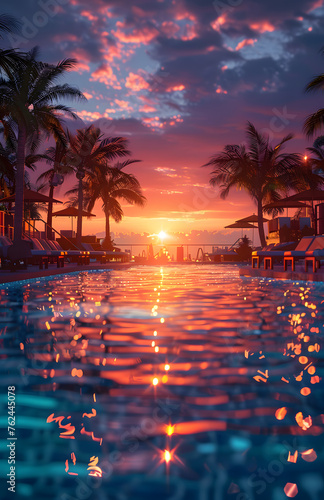 A serene swimming pool surrounded by palm trees, with the sky painted in shades of orange and pink at dusk, creating a beautiful afterglow atmosphere © Oleksandra