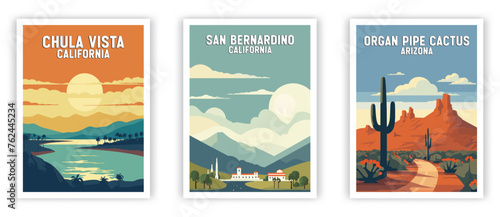 Chula Vista, San Bernardino, Organ Pipe Cactus Illustration Art. Travel Poster Wall Art. Minimalist Vector art