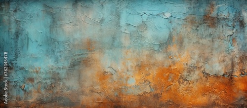 A close up of a vibrant blue and orange painting on a wooden wall. The artwork features natural landscapes with tints of electric blue and peach, creating a beautiful pattern of grassy fields