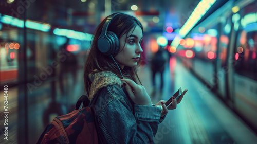 Young Woman with Headphones in Subway Station