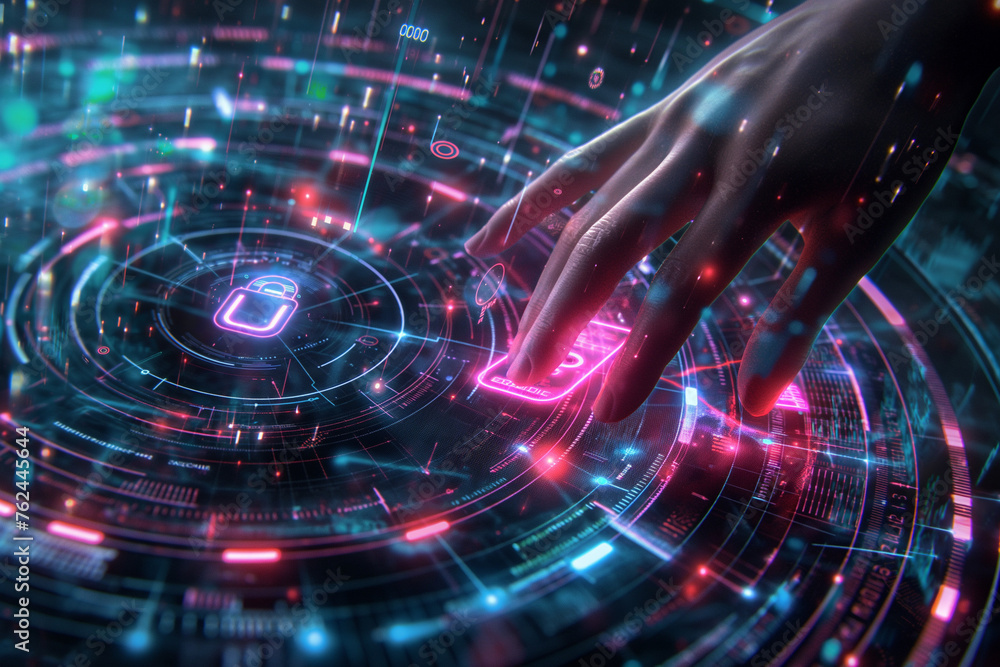Obraz premium Hand Interacting with Holographic Encryption Wheel and Floating Code