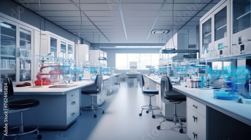 Modern Science Laboratory Interior with Research Desks and Analytic