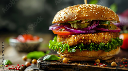 juicy vegan chickpeas burger with sauce and whole wheat bun, plant-based cooking concept, healthy alternatives photo