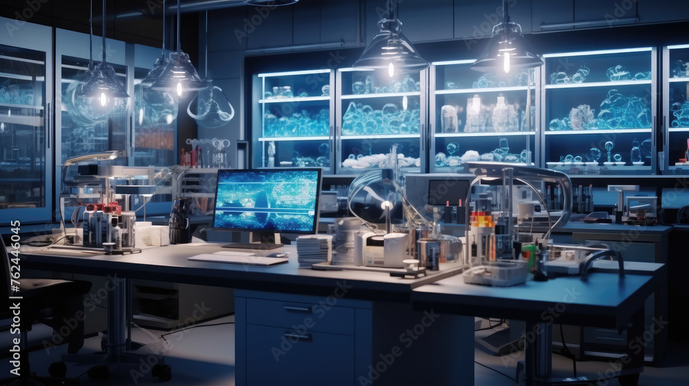 Modern Science Laboratory Interior with Research Desks and Analytic Modern Science Laboratory Interior with Research Desks and Analytic