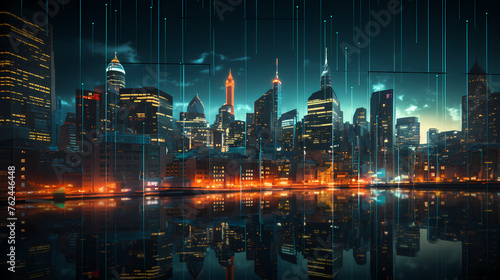 Futuristic cityscape skyscrapers illuminated by digital technology and neon lights