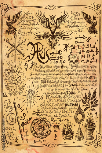 Fotografie Witchcraft Old Book Page with Magic Spells