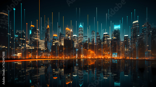 Futuristic cityscape skyscrapers illuminated by digital technology and neon lights