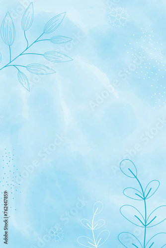 Watercolor light blue spring vertical abstract background, digital painting. Hand painted abstract watercolor background with flowers and leaves, vector illustration