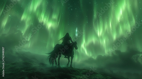 3D cartoon Valkyrie riding a steed through the northern lights