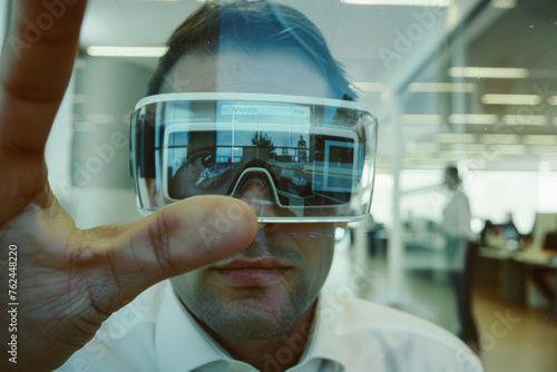 Man in an office space wearing virtual reality glasses