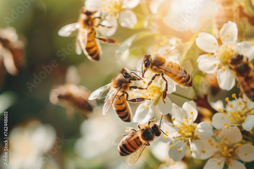 Close-up of honey bees delicately pollinating white flowers, showcasing the beauty and importance of pollinators in a vibrant ecosystem