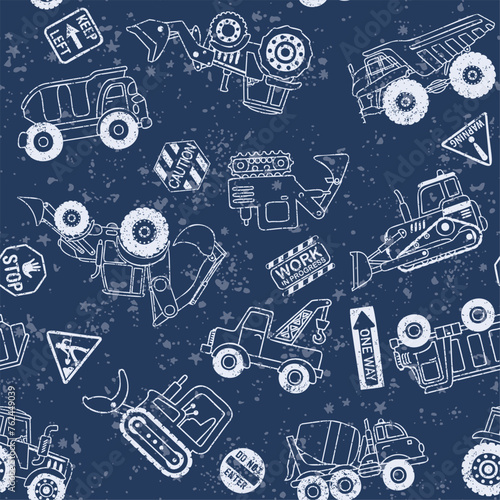 Cute digger excavator tractor working vehicles and street sign patchwork vector seamless pattern for children wear fabric shirt sweatshirt pajamas grunge effect in separate layer