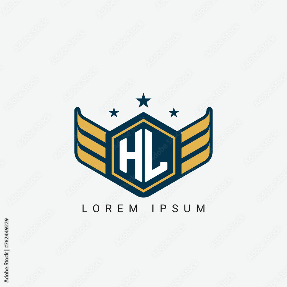 Alphabet letter HL, LH, H, L logo hexagon shape concept with wings ornament silhouette 2 Alphabet letter HL, LH, H, L logo hexagon shape concept with wings ornament silhouette 2