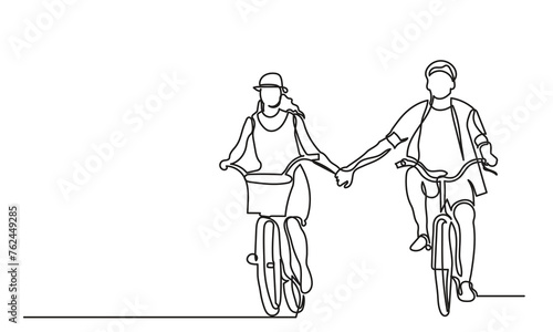 Continuous line drawing of Happy couples riding bicycles and cycling with a Healthy lifestyle hand holding each other.Romantic cycling couple single-line art of a classic bicycle .