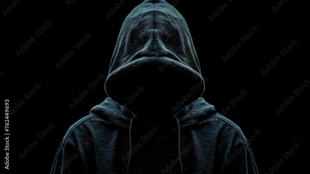 Shadowy figure in hoodie evokes mystery and anonymity in a dimly lit environment