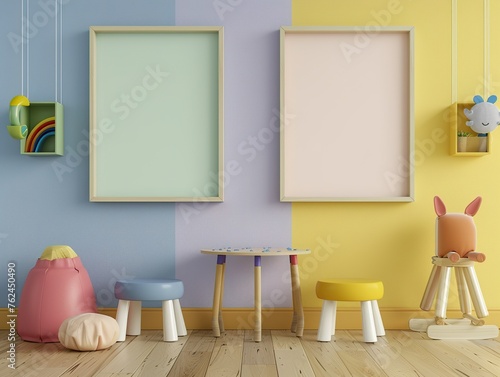 Blank mockup frames on painted colorful wall of kindergarten or children's playroom