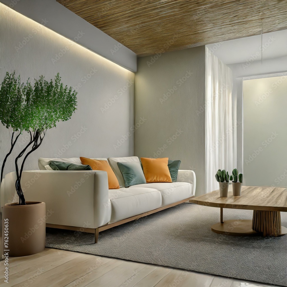 Minimalistyczne wnętrze salonu z białą kanapą, roślinami i stolikiem - obrazy, fototapety, plakaty 