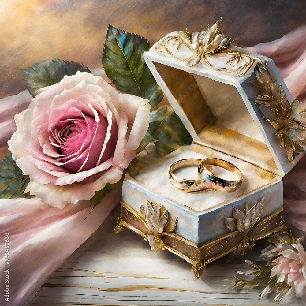  Różowe róże i obrączki w pudełku. Ślubne, romantyczne tło - obrazy, fototapety, plakaty 