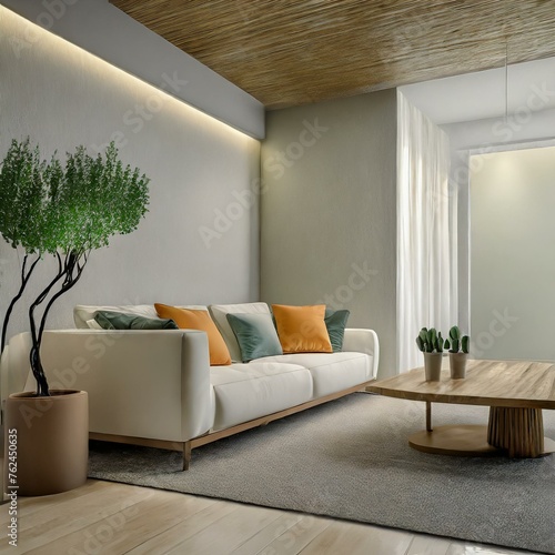Minimalistyczne wnętrze salonu z białą kanapą, roślinami i stolikiem
