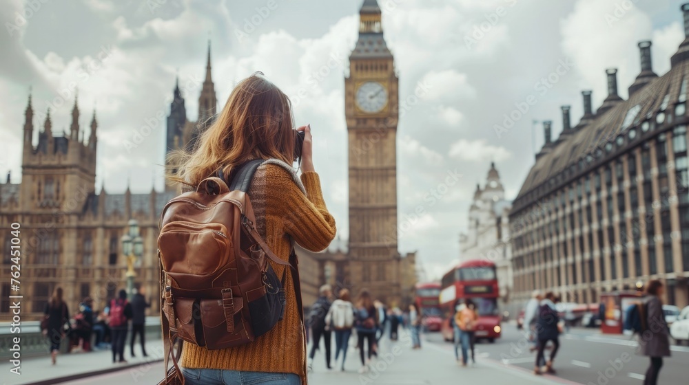 travel, tourism and people concept - happy young woman with backpack and camera photographing over london city street and big ben tower background - obrazy, fototapety, plakaty 