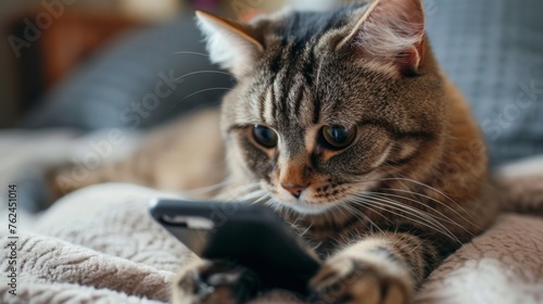 Domestic Tabby Cat Intently Engaging With a Smartphone Indoors on a Cozy Blanket